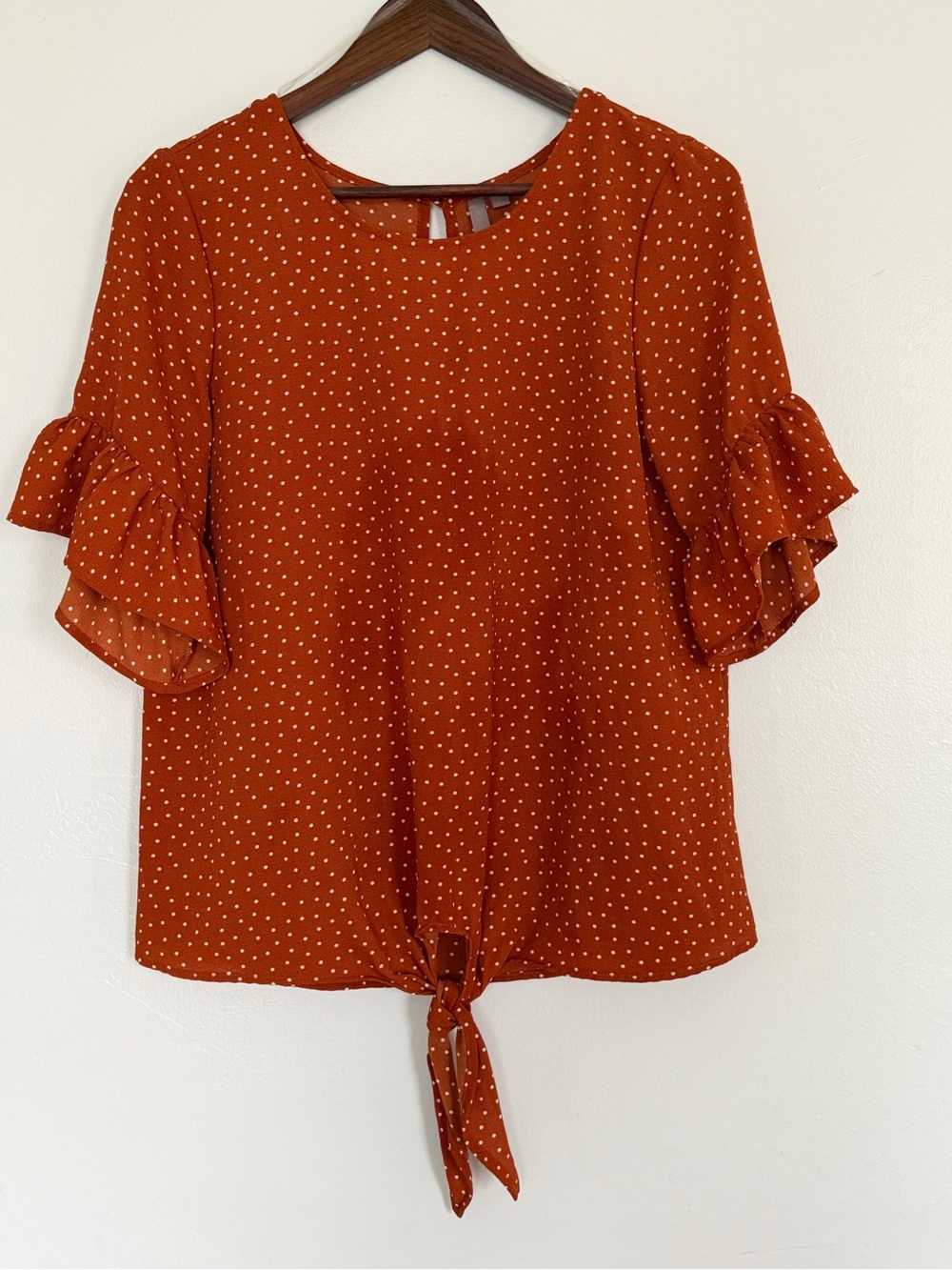 Tie-Front Polka Dot Ruffle Sleeve Blouse - Rust